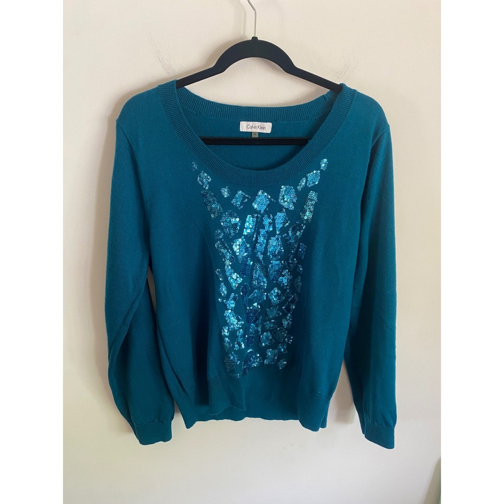 Calvin Klein XL Teal Blue Sequin Embellished Wool Blend Scoop Neck Sweater